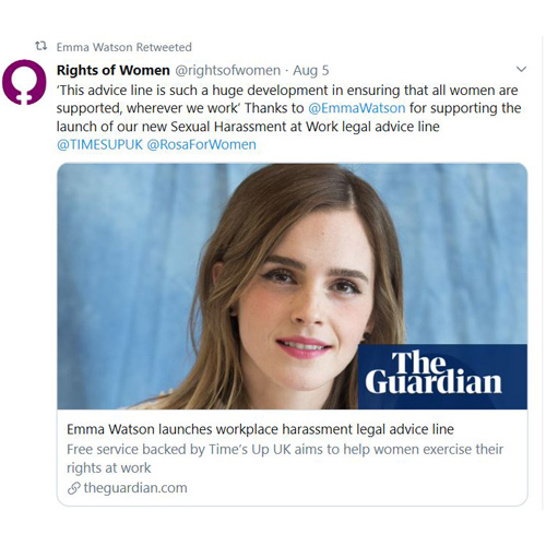 Emma Watson Article on Launching Workplace Harassment Legal Advice Line